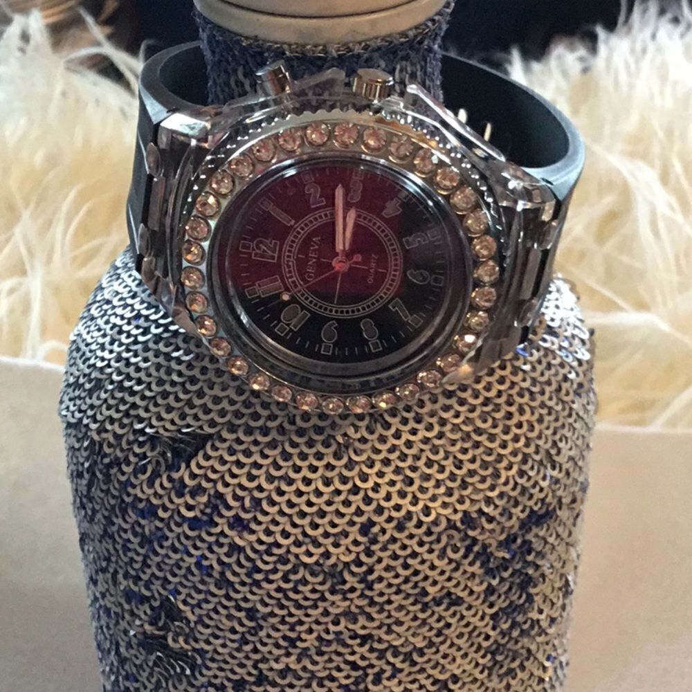 NWOT fashion watch by GENEVA in black with jewels on the face